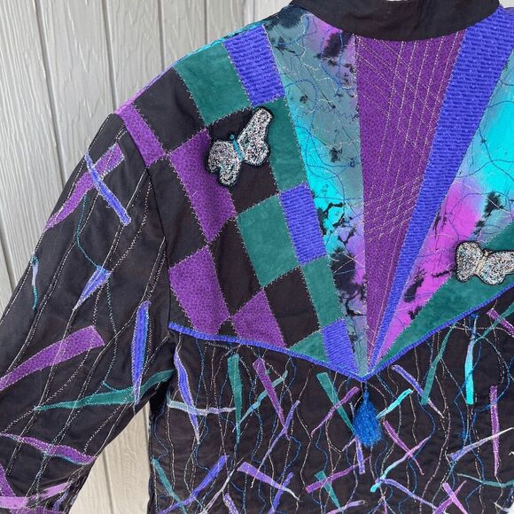 Vintage Patchwork Quilted Art Jacket w/ Butterfly Appliques, Abstract Design - M - Picture 6 of 10